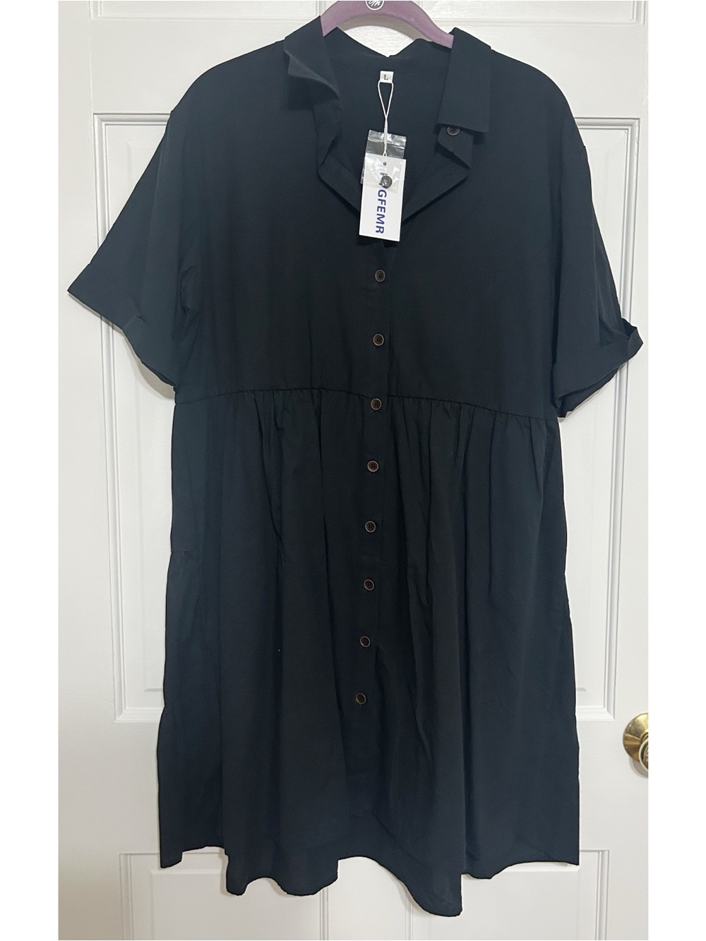 Black Button-Front Short Sleeve Dress